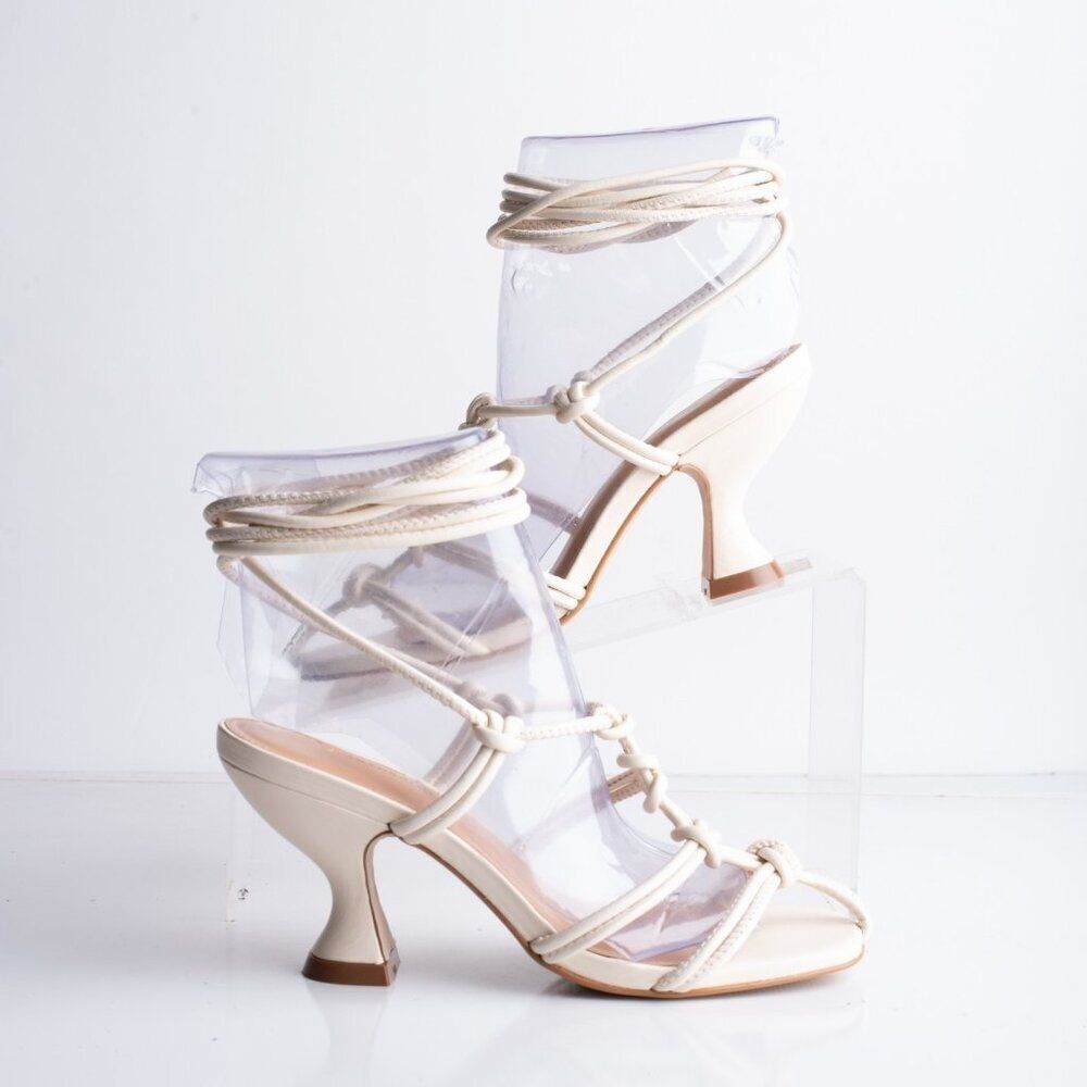 Anthropologie Womens Cream Caged Sandals Heels Lace tie Sz 5 EU 35 Leather New